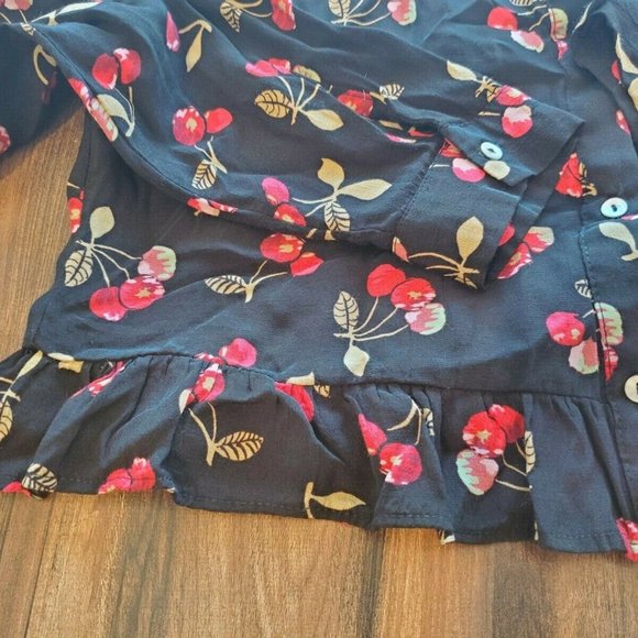 Zara Cherry Blouse XS Button up Shirt Black Cherries Ruffled Bottom - Picture 2 of 4